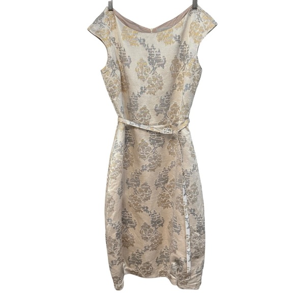Barneys New York Dresses & Skirts - Barneys New York Metallic Brocade Dress 6 Gold Silver Sheath Belted Italy